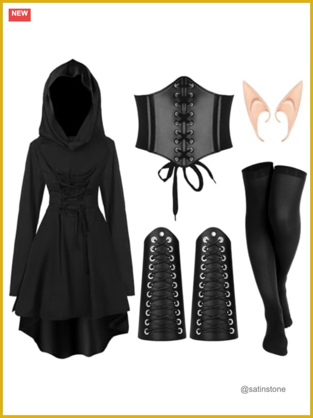 Medieval Elf Costume Set Hooded Robe Corset Belt Latex Elf Ears Cosplay